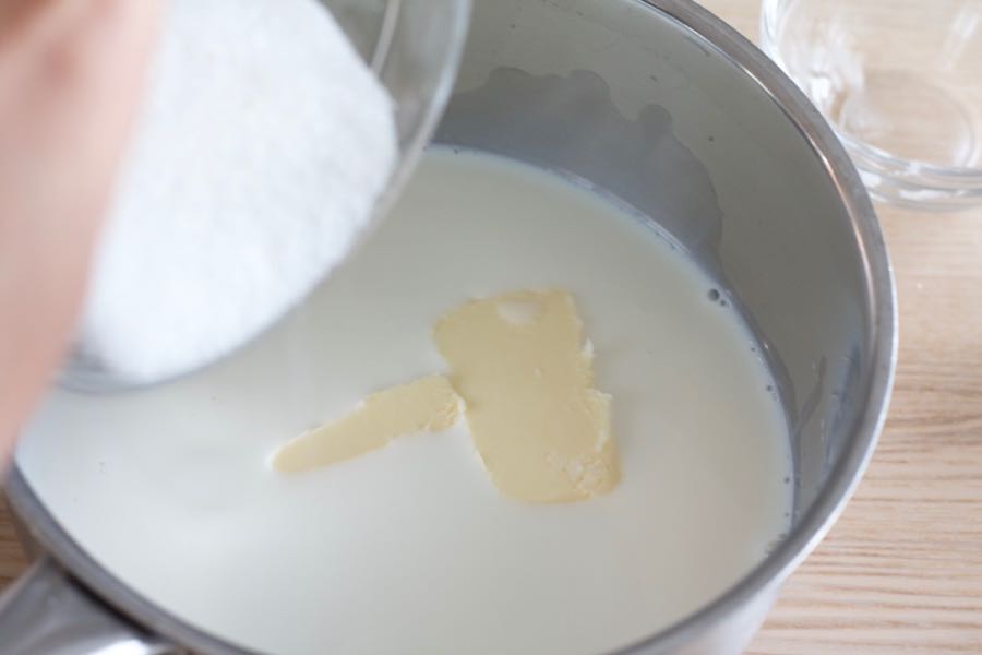 Butter, milk, and sugar in a saucepan