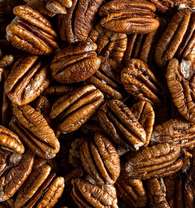 a close-up photo of pecans, a great substitute for macadamia nuts