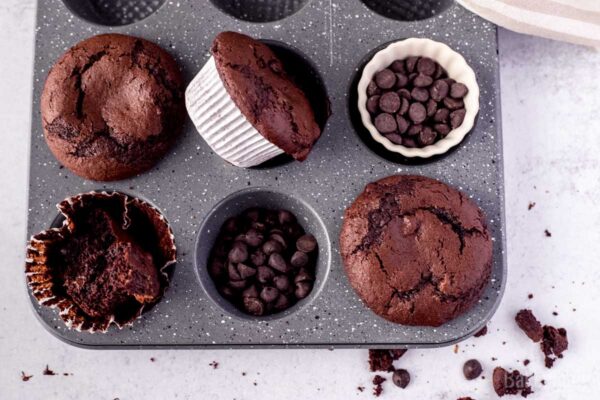 triple chocolate muffins on a muffin pan