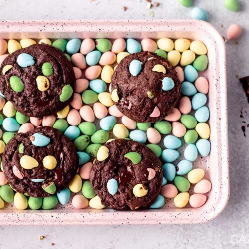 chocolate mini easter egg cookies on a pink tray