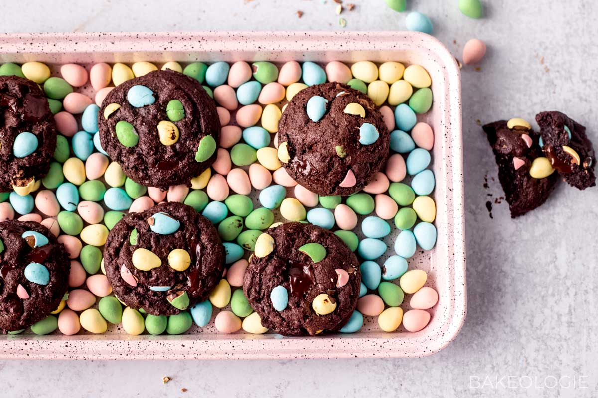 chocolate mini easter egg cookies on a pink tray