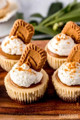 mini biscoff cheesecakes on a wooden tray