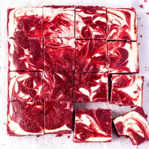 top view of an 8x8 red velvet with cheesecake swirl brownie