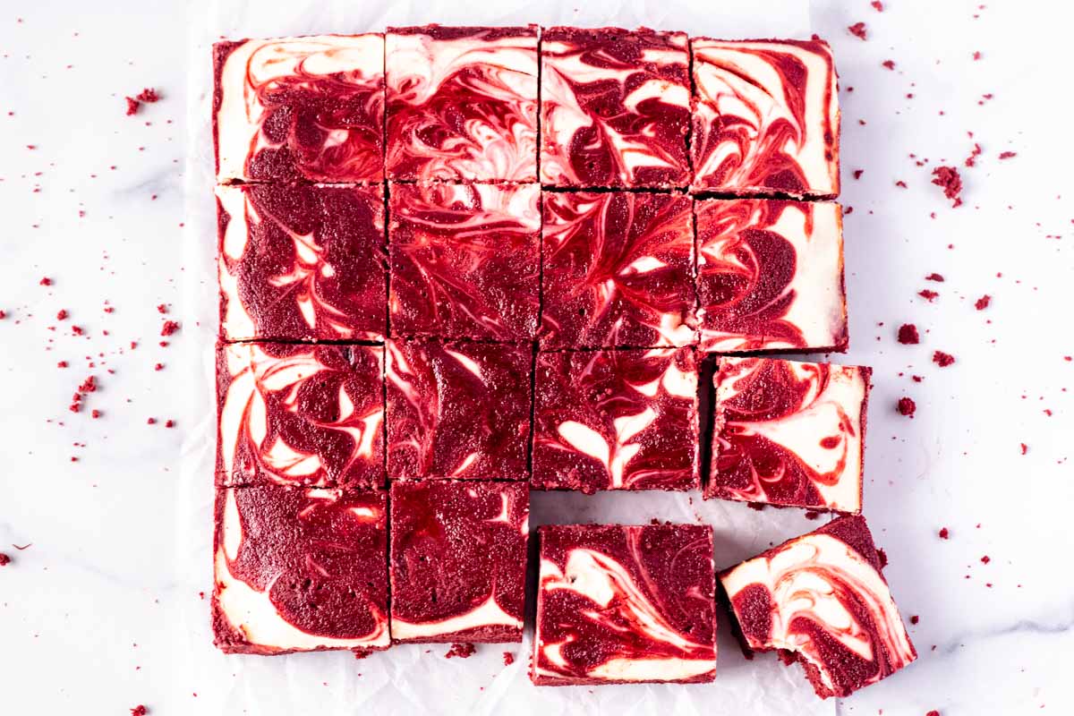 top view of an 8x8 red velvet with cheesecake swirl brownie