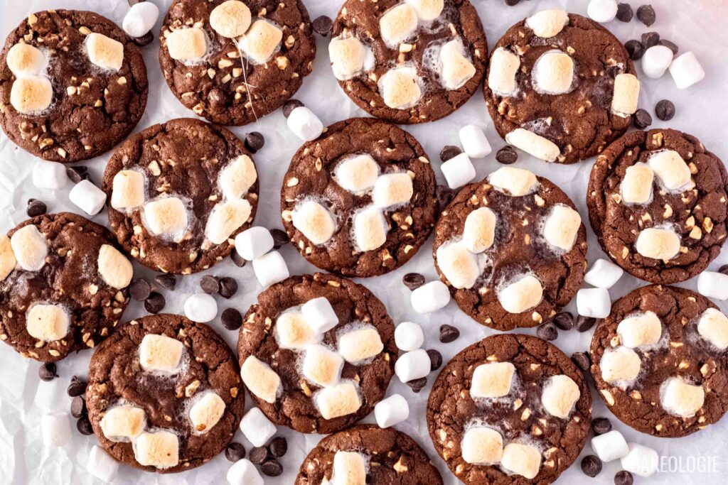 rocky road cookies on white parchment paper