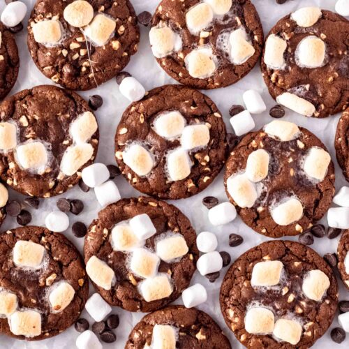 rocky road cookies on white parchment paper