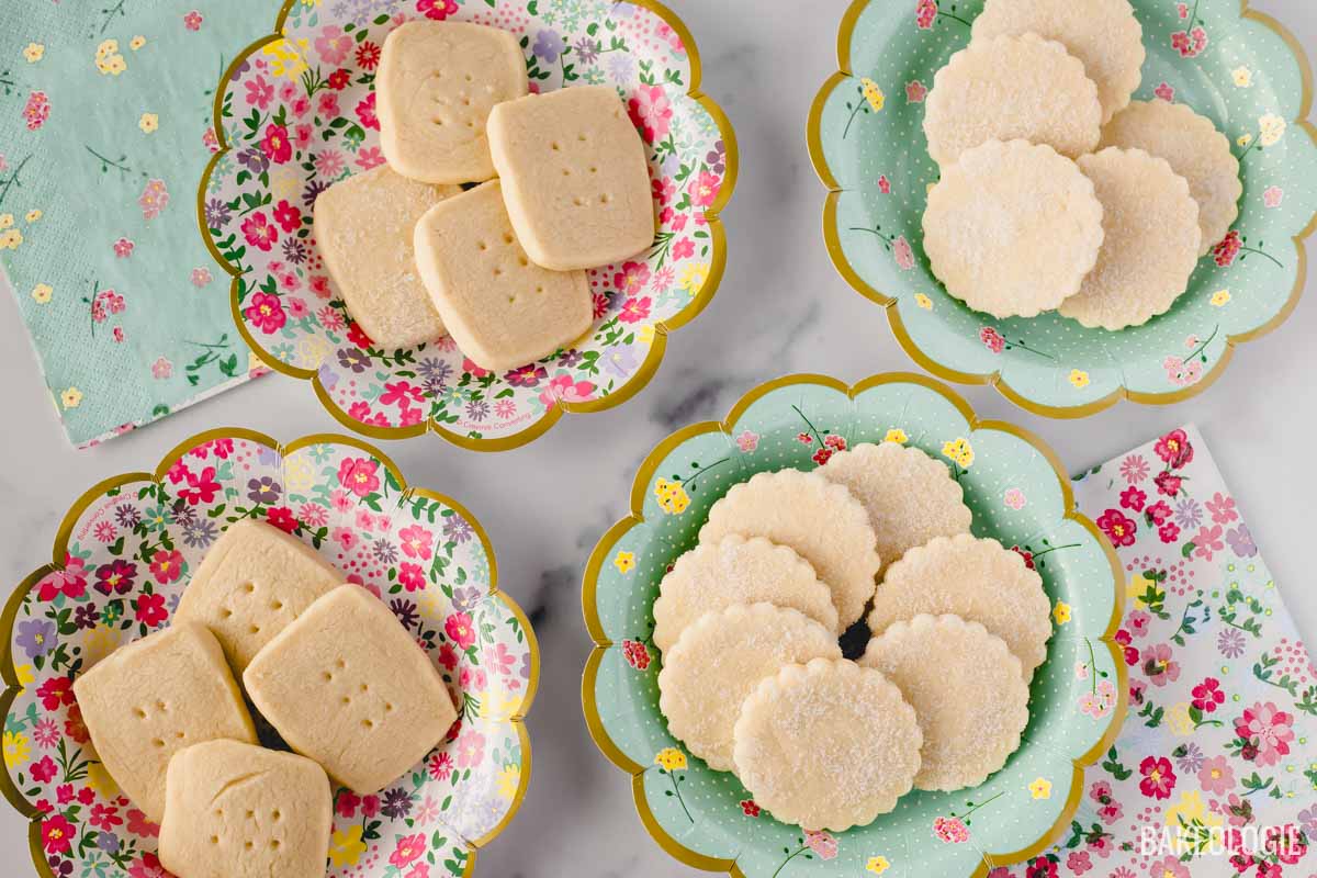 shortbread biscuits or shortbread cookies on floral plates