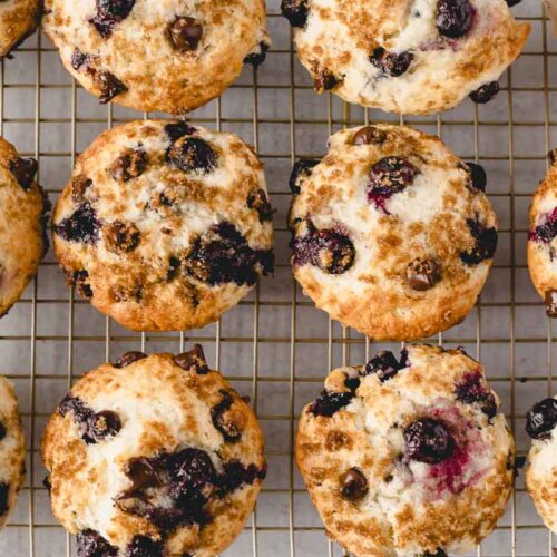 a dozen blueberry chocolate chip muffins on a cooling rack