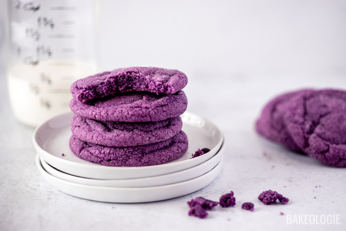 three ube cookies stacekdtoght