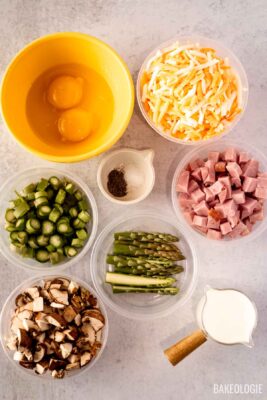 mise en place: measured ingredients for the ham, asparagus, and mushroom quiche