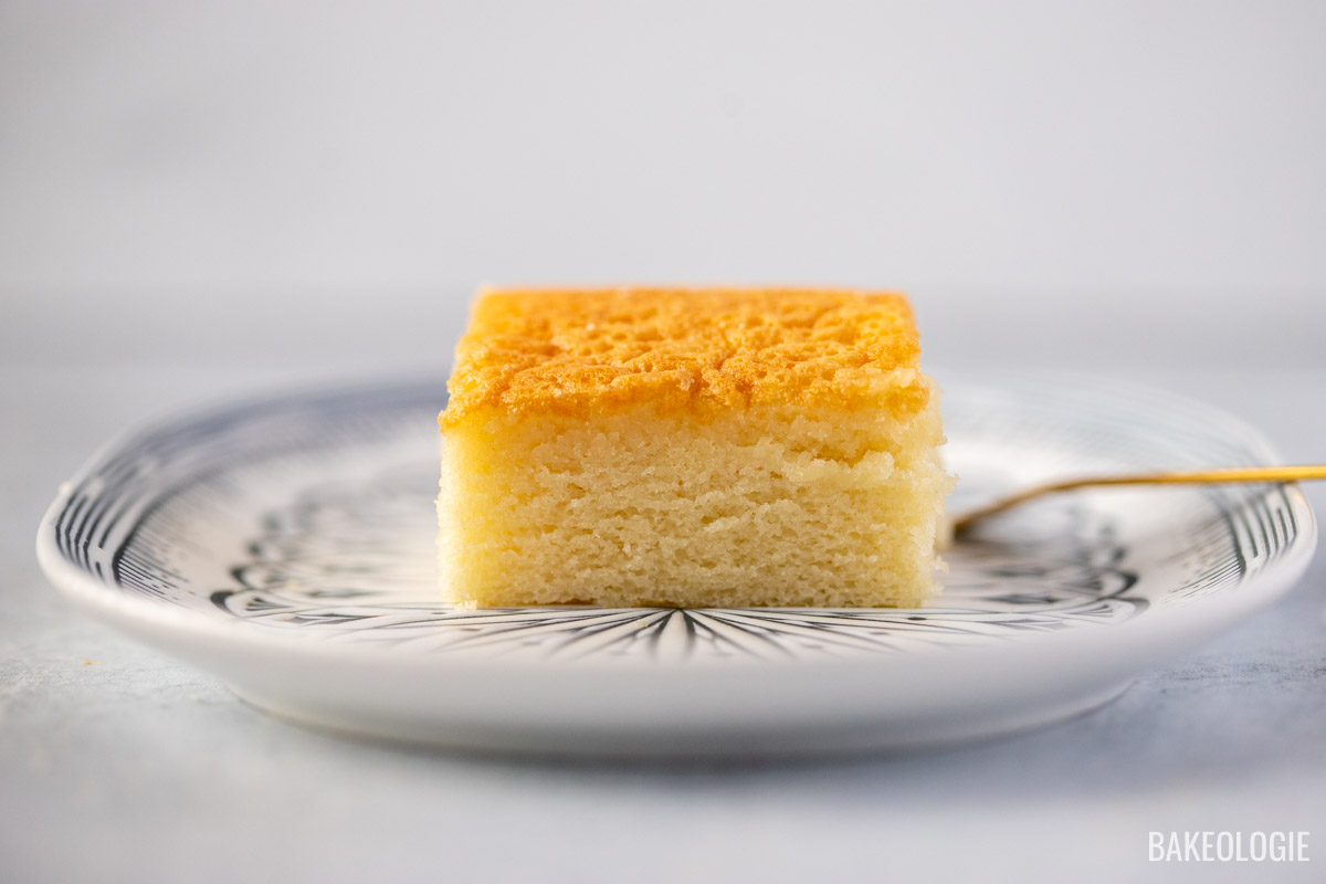 A slice of soft and fluffy Hot Milk Cake on a decorative plate. The cake has a golden top with a light and airy interior, showcasing its spongy texture.