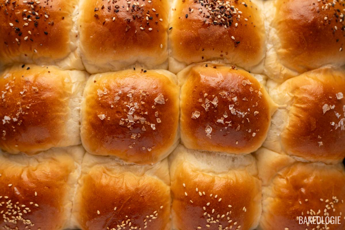 Close-up of golden brown Japanese milk bread rolls topped with flaky sea salt and sesame seeds, baked closely together to form soft, fluffy dinner rolls.