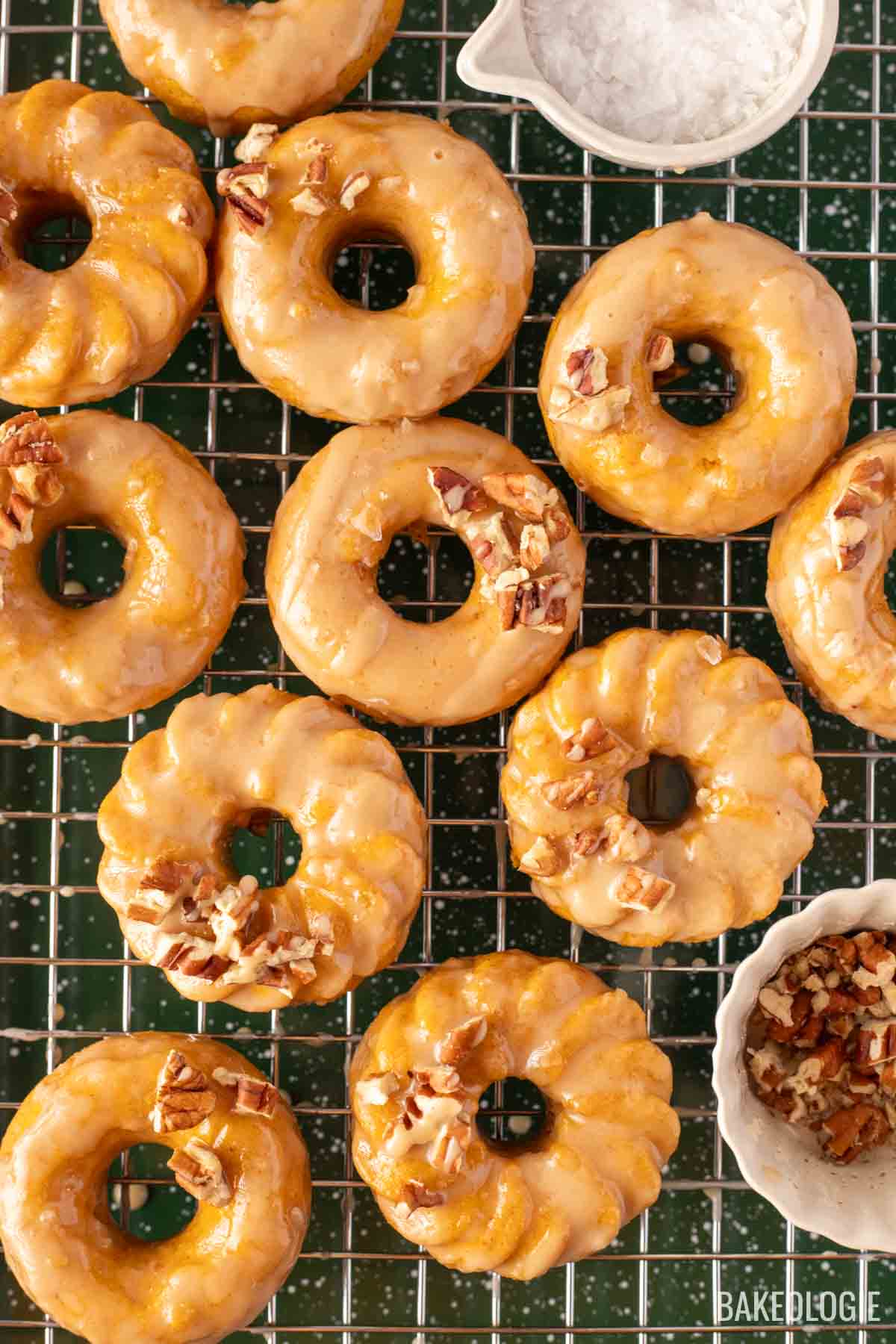 A batch of round, golden-brown pumpkin donuts with a salted maple glaze, topped with chopped pecans, arranged on a wire cooling rack. To the left is a small white dish filled with flaky sea salt, and to the top right, a small bowl containing more chopped pecans. The donuts are glossy from the glaze, creating an inviting and delicious look.