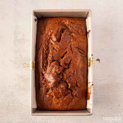 nutella banana bread in a loaf pan