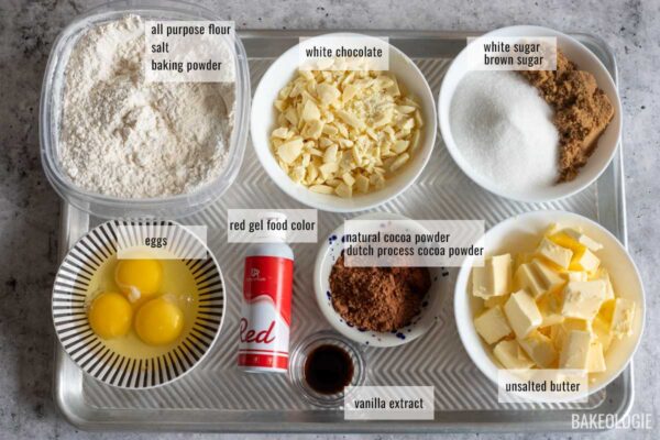 measured ingredients for red velvet cookies