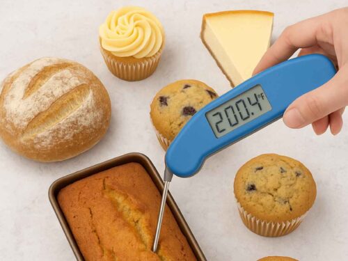 A hand holds a digital thermometer reading 200.4°F inserted into a loaf of baked bread surrounded by various baked goods, including a crusty round loaf, cupcakes, muffins, a cheesecake slice, and a cookie. Text reads 'Doneness Temperatures for Baked Goods' with the website 'bakeologie.com' at the bottom.
