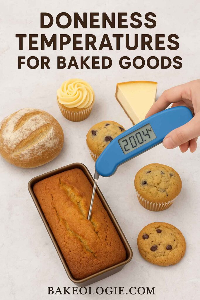 A hand holds a digital thermometer reading 200.4°F inserted into a loaf of baked bread surrounded by various baked goods, including a crusty round loaf, cupcakes, muffins, a cheesecake slice, and a cookie. Text reads 'Doneness Temperatures for Baked Goods' with the website 'bakeologie.com' at the bottom.