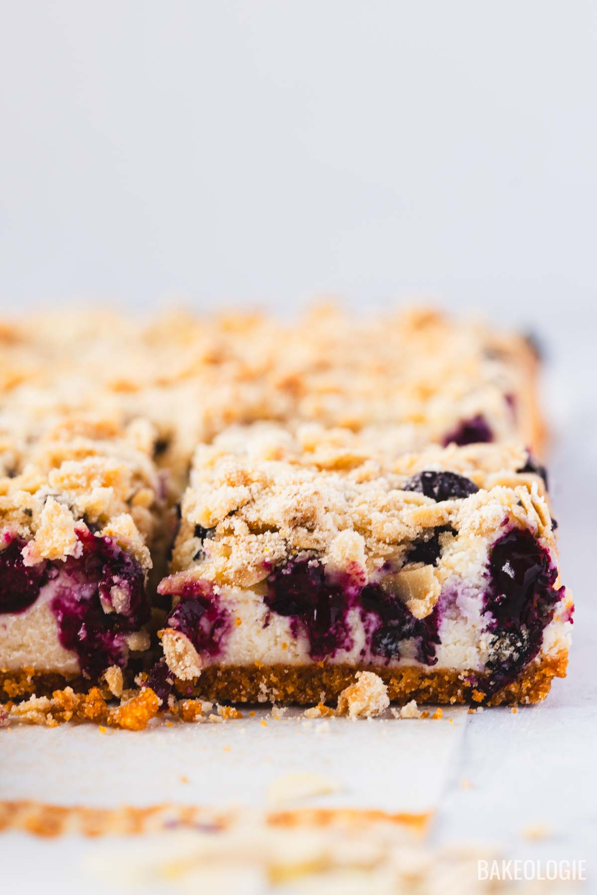Close-up side view of Blueberry Crumble Cheesecake Bars in a baking pan, highlighting the distinct layers of graham cracker crust, creamy cheesecake, juicy blueberries, and golden oat almond crumble topping.