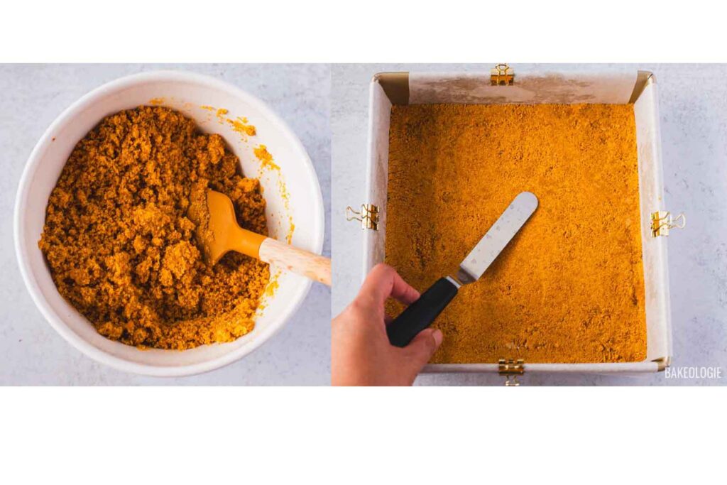 Two side-by-side images showing step 2 of making Blueberry Crumble Cheesecake Bars: left, a bowl of graham cracker crust mixture with a spatula; right, the crust pressed evenly into a parchment-lined baking pan using an offset spatula.