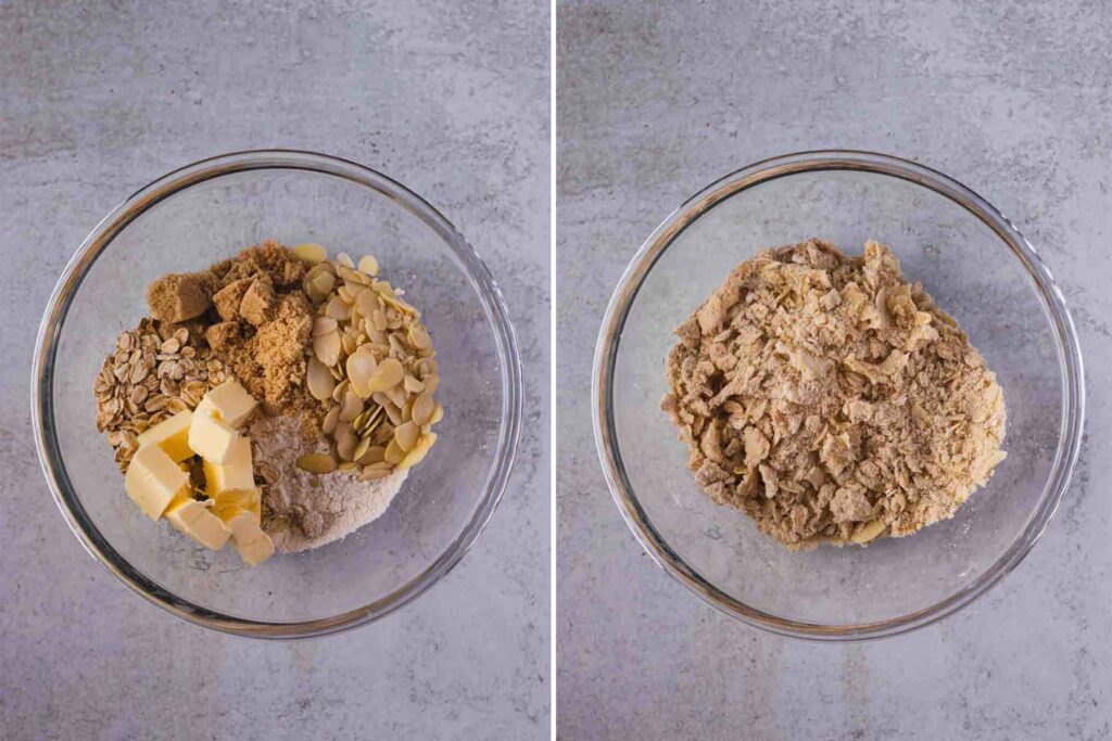 Side-by-side images showing the almond crumble process for Blueberry Crumble Cheesecake Bars: left, a bowl with dry crumble ingredients and cubes of butter; right, the finished crumble mixture with small buttery lumps, ready to use.v
