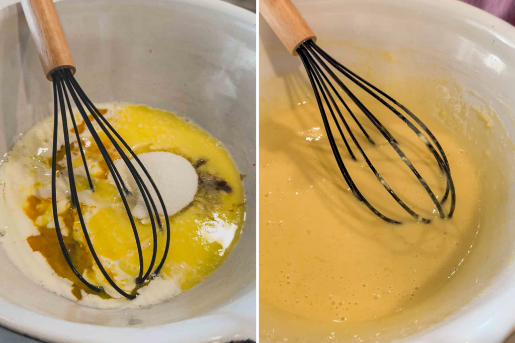 Collage of steps showing eggs, sugar, butter, milk, and vanilla in a mixing bowl with a whisk, then whisked into a smooth custard batter.