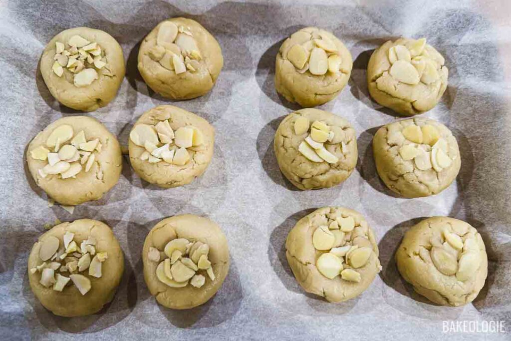 rolled almond croissant cookies ready for chilling in the fridge