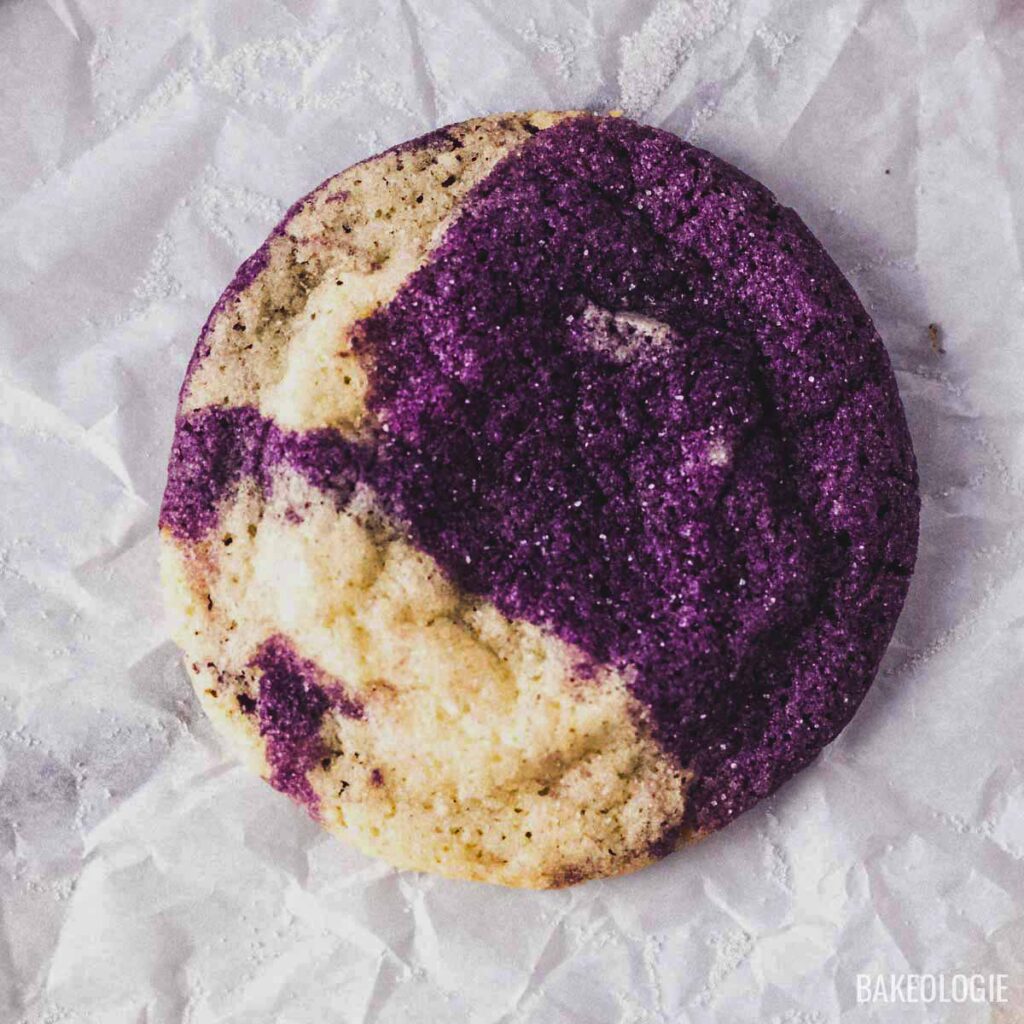 Single marbled ube cookie with a soft, chewy texture and bold purple ube marbling