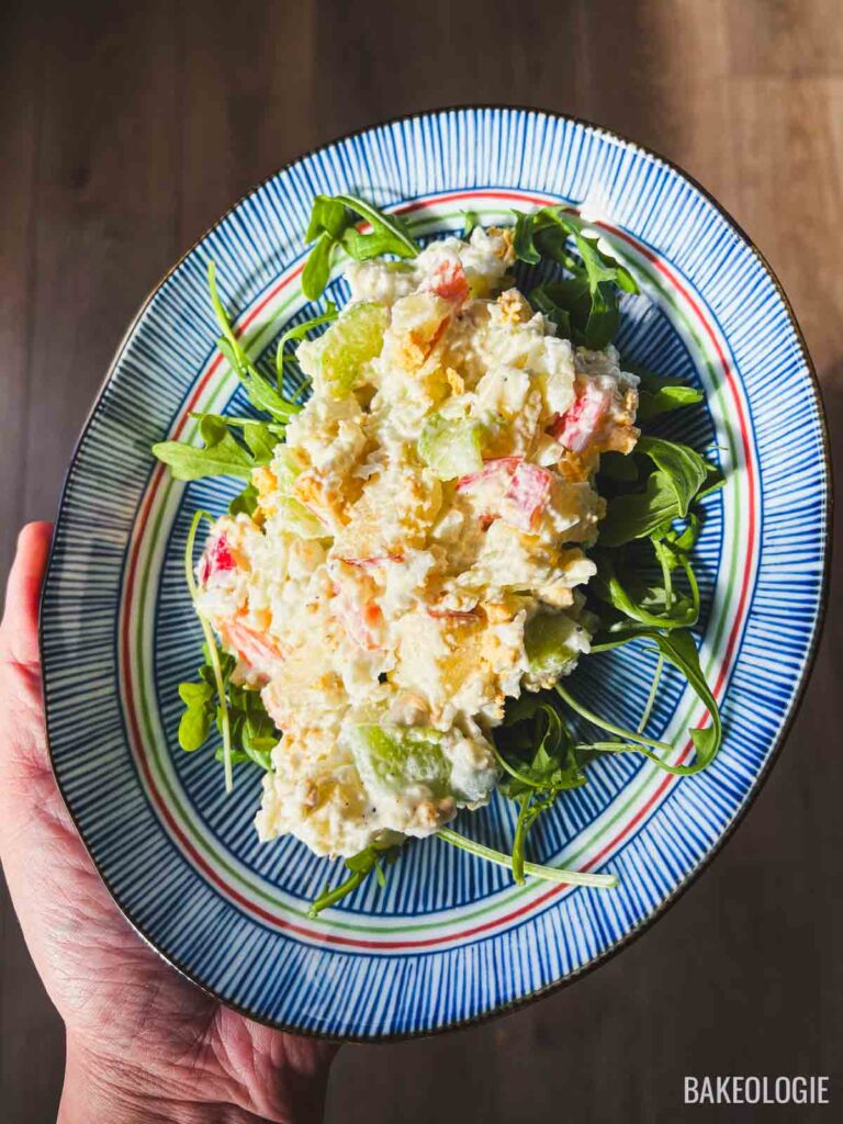 Creamy Korean potato salad with soft mashed potatoes, crunchy apples, cucumbers, and carrots served as a banchan side dish