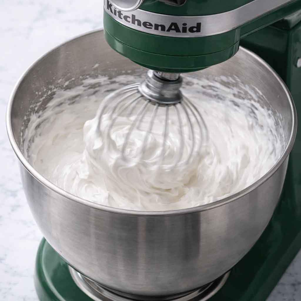 Whipping egg whites and sugar in a stand mixer until thick, glossy meringue forms stiff peaks