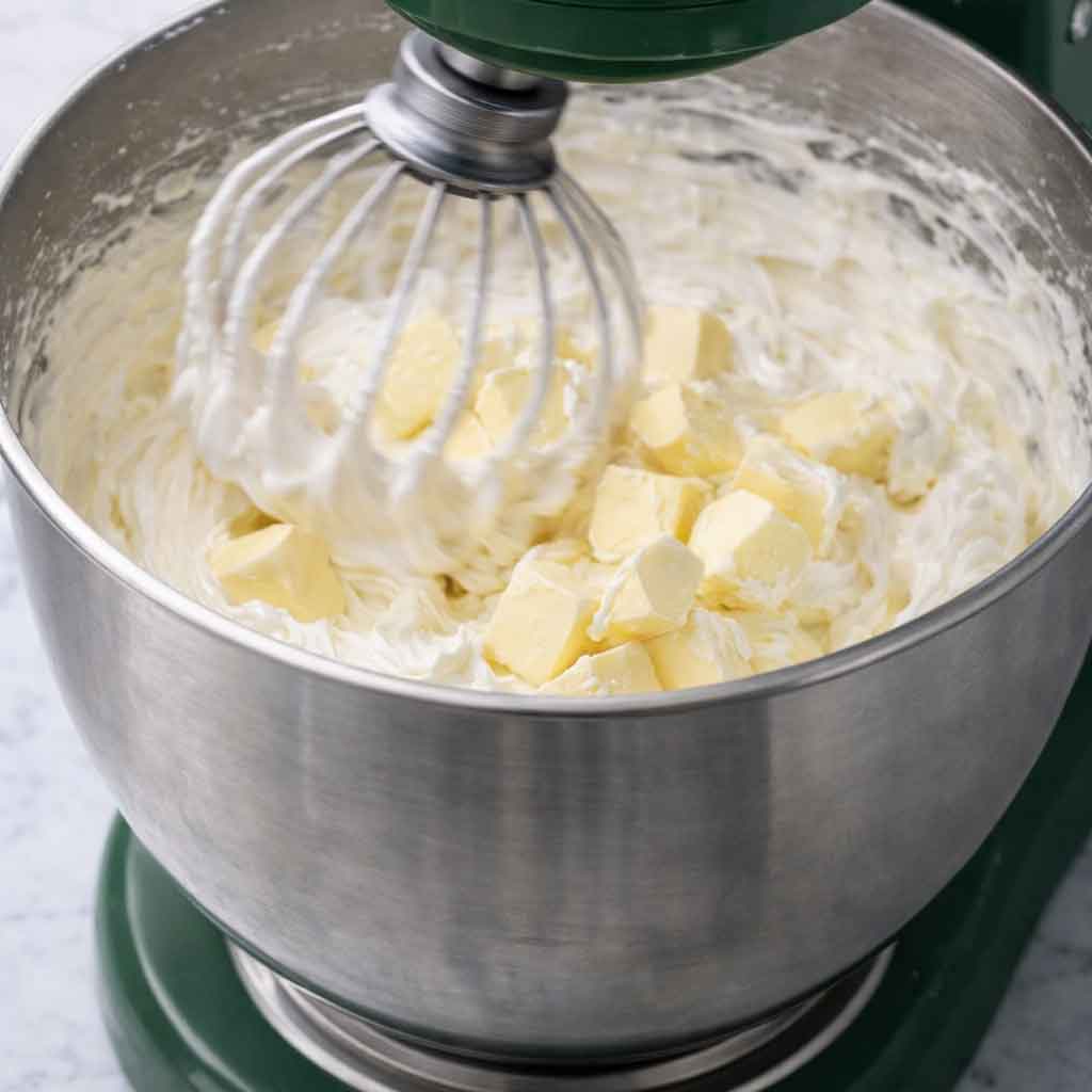 Adding butter cubes to whipped meringue in a stand mixer to make Swiss meringue buttercream