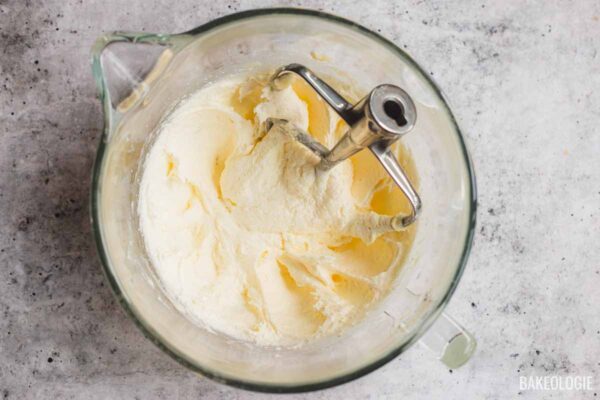 Butter and cream cheese beaten together until smooth and creamy for cream cheese pound cake batter.