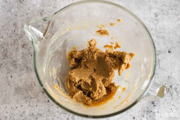 Butter, brown sugar, and granulated sugar mixed until smooth and creamy.