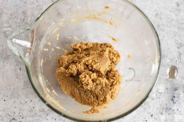 Cookie dough after mixing in the egg, egg yolk, and vanilla extract.