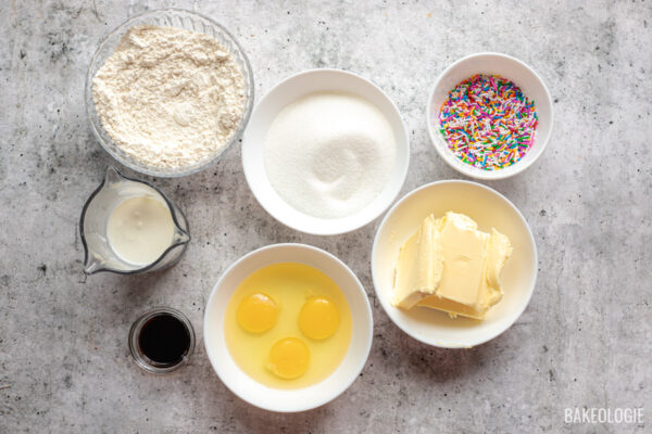 mise en place ingredients for funfetti sour cream pound cake