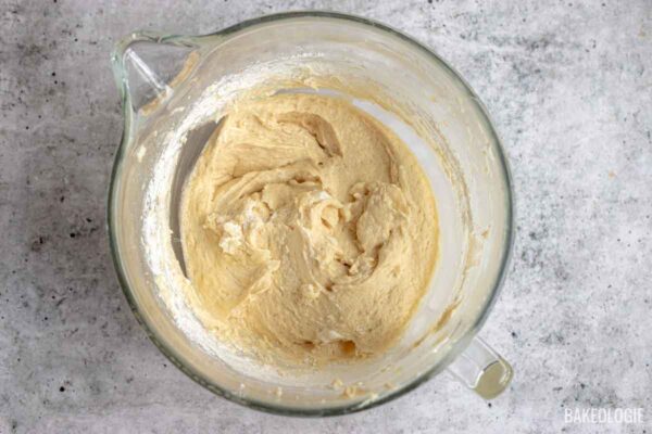 Funfetti Sour Cream Pound Cake batter mixed until smooth before adding sprinkles.