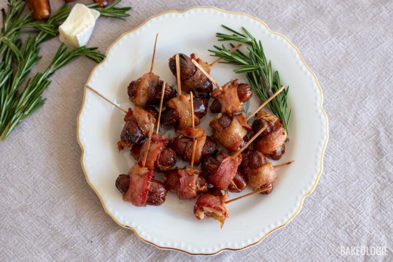 Bacon-wrapped dates stuffed with Brie and finished with maple glaze