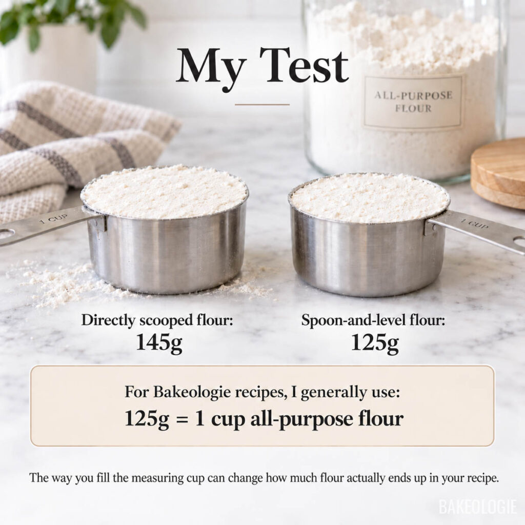 Comparison of directly scooped flour at 145g and spoon-and-level flour at 125g