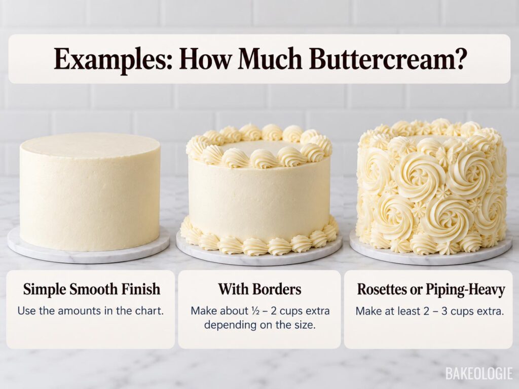 Three buttercream-frosted cakes comparing a simple smooth finish, a cake with piped borders, and a piping-heavy rosette design.