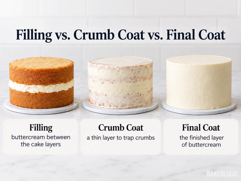 hree cakes demonstrating buttercream filling between layers, a thin crumb coat, and a smooth final buttercream coat.