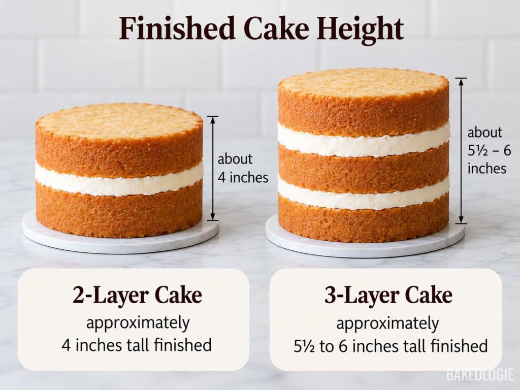 Two-layer and three-layer round cakes showing approximate finished heights of four inches and five and a half to six inches.