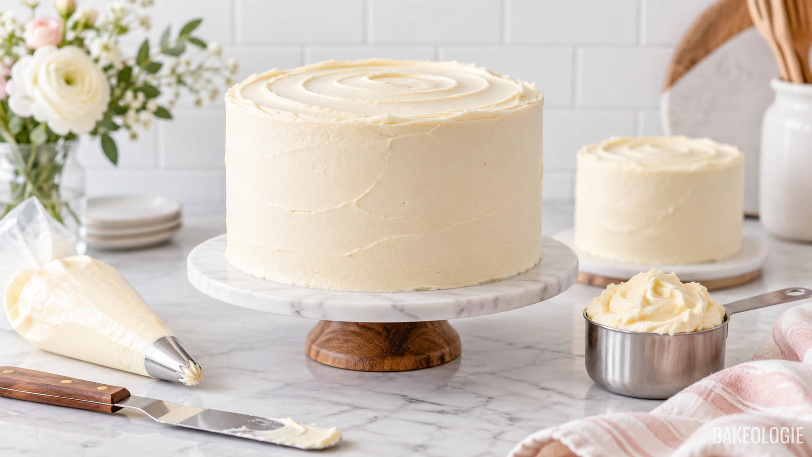 Buttercream-frosted layer cake with piping bag, offset spatula, and measuring cup of buttercream on a kitchen counter.