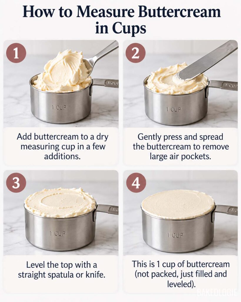 Four-step guide showing buttercream added to a dry measuring cup, gently pressed to remove large air pockets, leveled with a spatula, and correctly measured without packing.