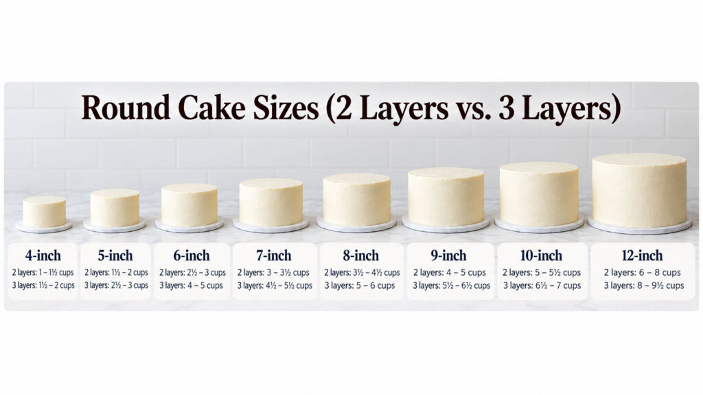 Buttercream chart showing round cake sizes from 4 to 12 inches with estimated buttercream amounts for two-layer and three-layer cakes.