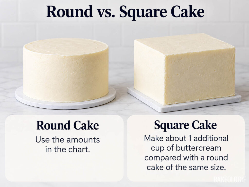Round and square buttercream-frosted cakes comparing how much buttercream is needed for cakes of the same width.