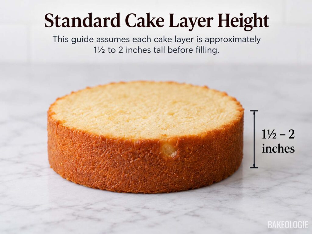 Single round cake layer measuring approximately one and a half to two inches tall before filling.