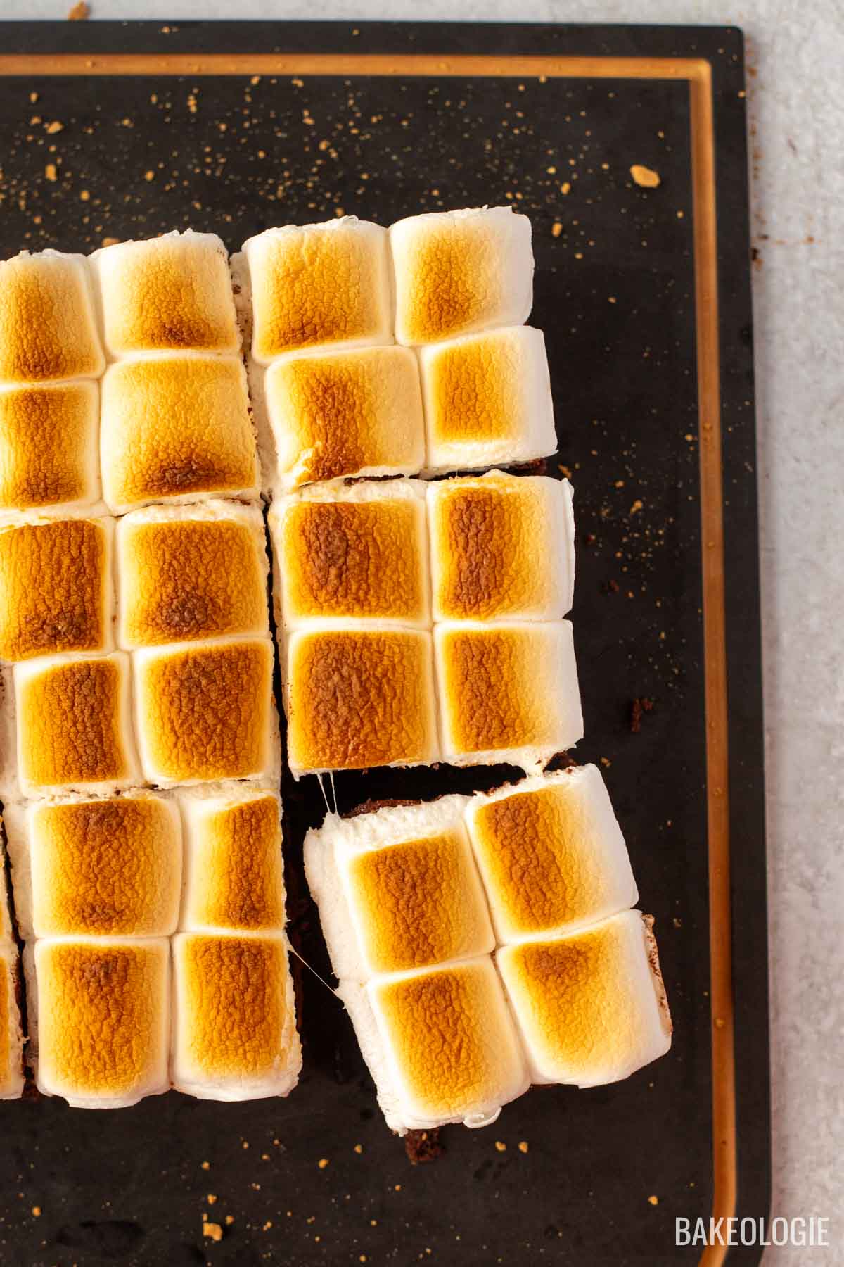 Fudgy s’mores brownies topped with golden toasted marshmallows