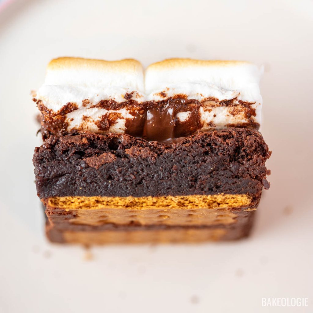 S’mores brownies with fudgy chocolate centers and toasted marshmallow topping