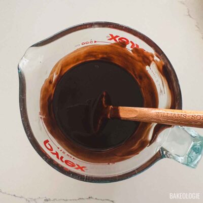 Butter and dark chocolate being melted together for the brownie batter