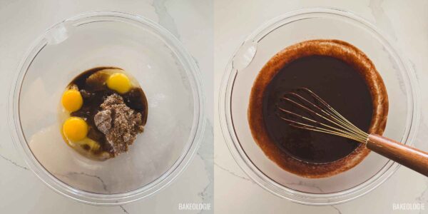 Brown sugar, granulated sugar, eggs, egg yolk, and vanilla whisked for brownie batter
