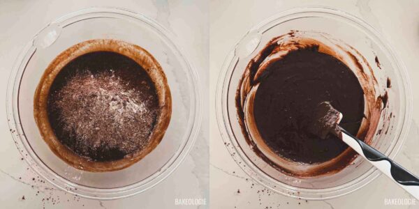 Flour, Dutch-process cocoa powder, and salt folded into the brownie batter